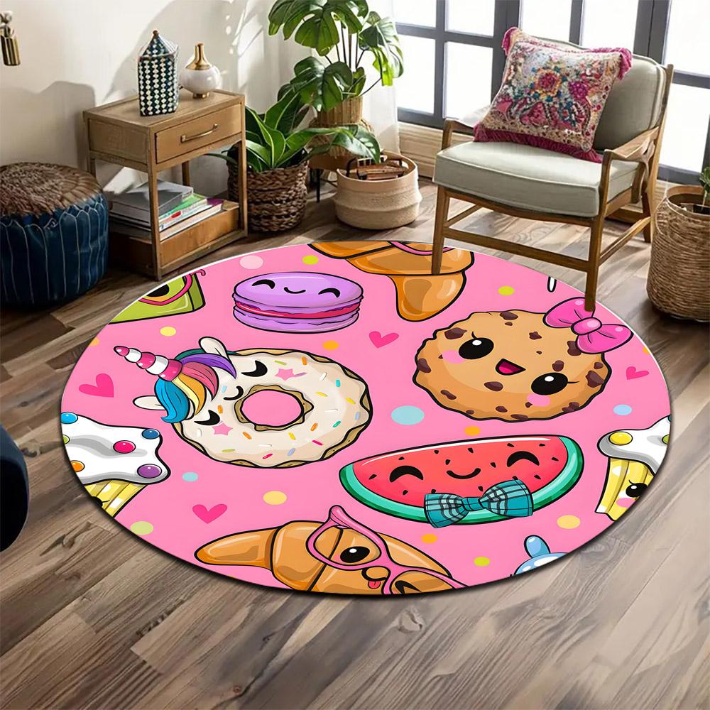 """Rosa Cartoon Dessert und Snack Design" Aufdruck runder Teppich, Wohnzimmer, Schlafzimmer, Spielzimmer Teppich, rutschfeste Fußmatte, Geschenk"""
