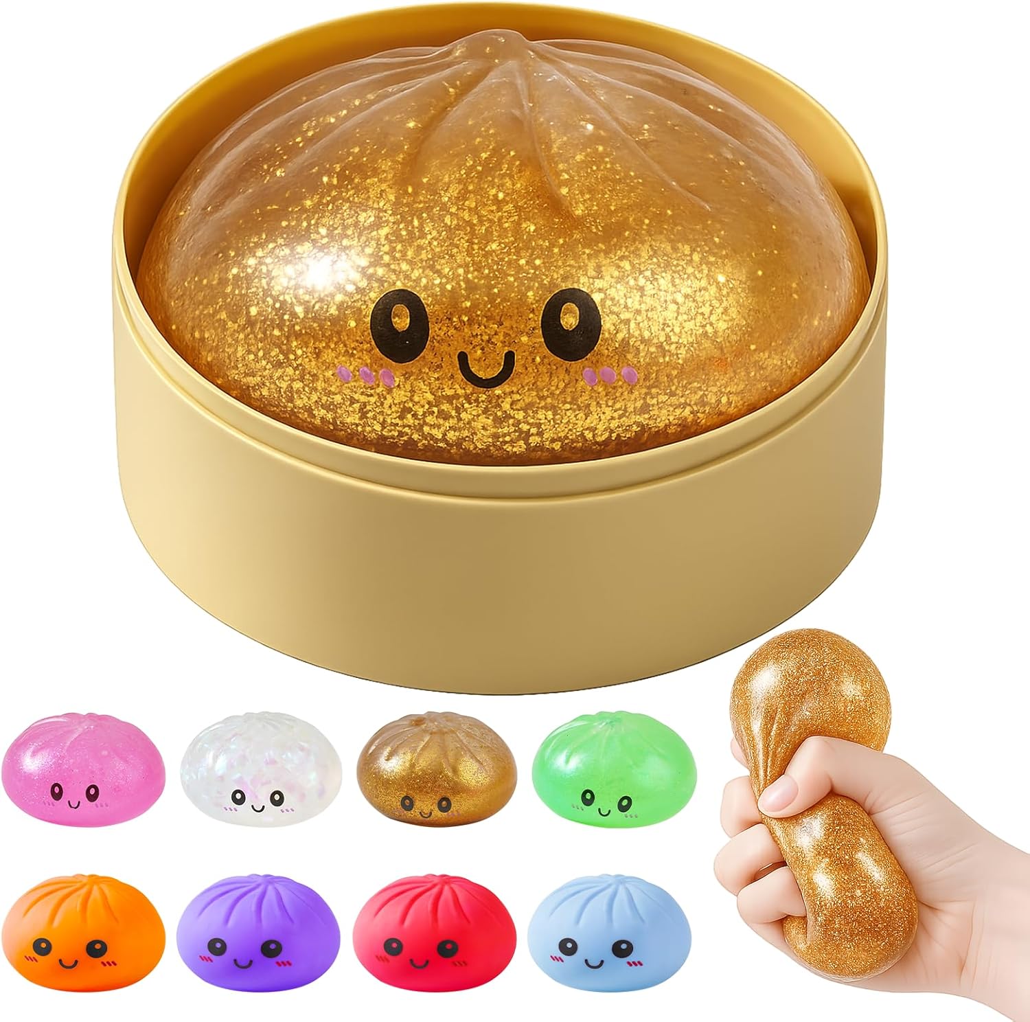 Mirdzošs pelmeņu squishy kastītē Krāsaini izstiepjami