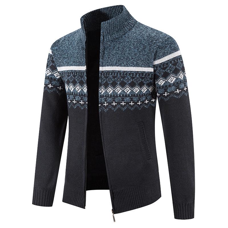 Men's Autumn/Winter Zipper Cardigan: Plus Velvet, Thickened Knit Sweater with Stand Collar - Handsome Style