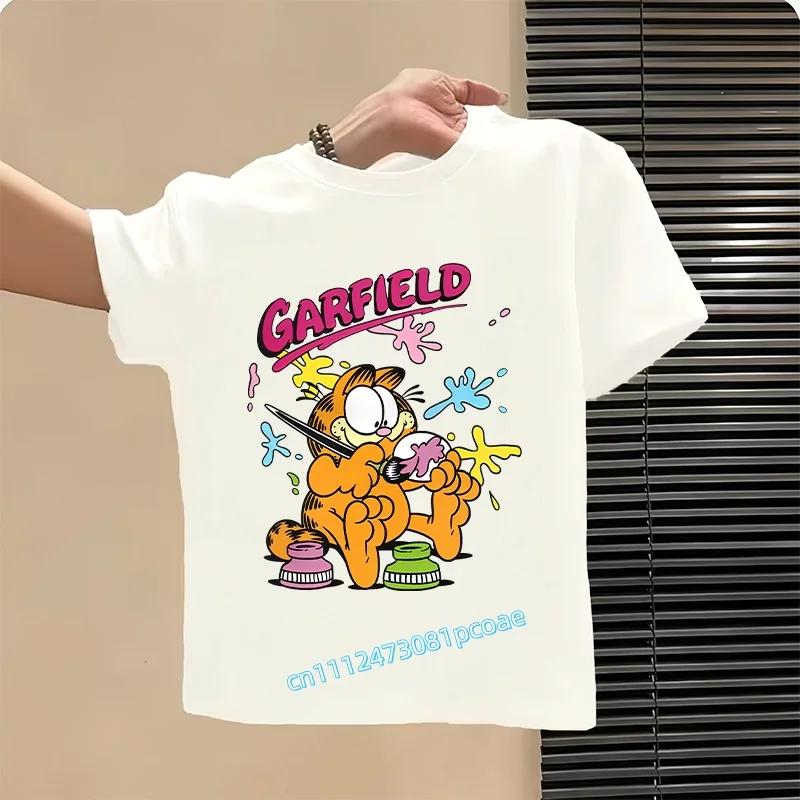 boys' sports shirt, girls' casual top with cartoon print, summer T-shirt Garfield's new children's pure polyester short-sleeved