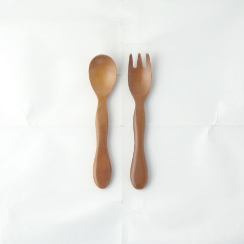 Nagao Children's Spoon and Fork Set, 14cm, Solid Wood, Made from Sao Wood