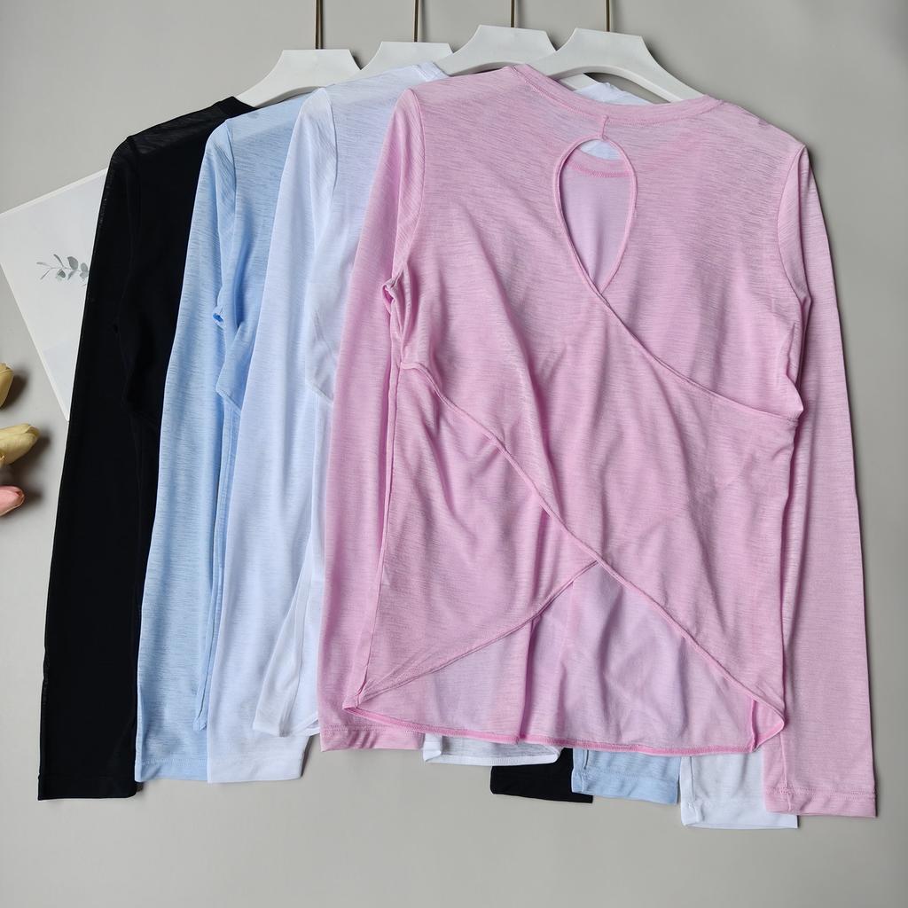 Women Backless Loose Yoga T-shirts Summer Round Collar Long Sleeve Fitness Breathable Sporty Yoga Tshirt Tops Female Sportswear