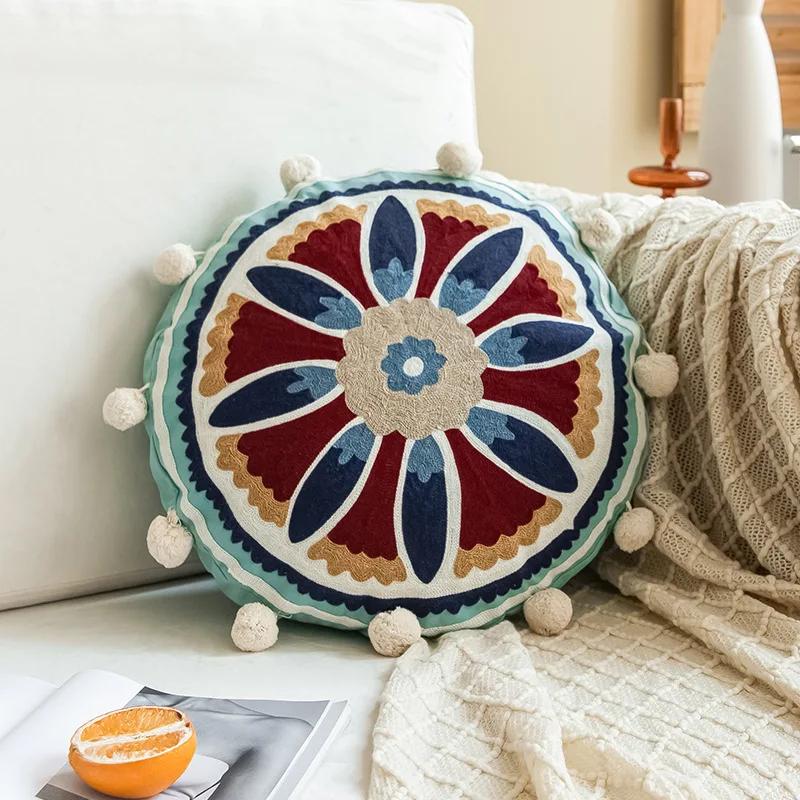 Moroccan Ethnic 45cm Round Cushion Cover Mandala Floral Embroidery Home Decor Living Room Throw Pillow Case Ball Decorative