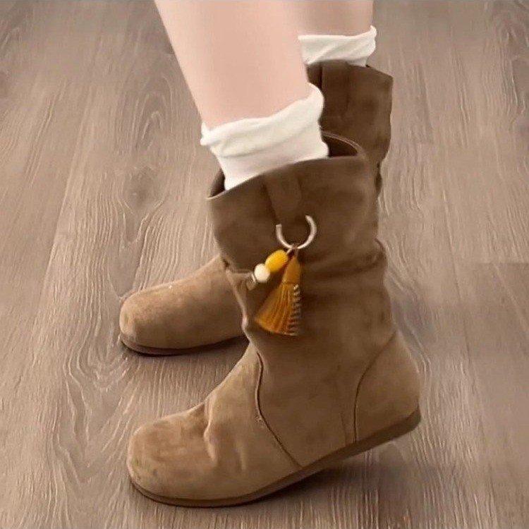 Height-increasing Retro Pendant Short Boots for Women~ 2025 Autumn New Versatile Tassel Beaded Flat Pile Small Short Boots for Women