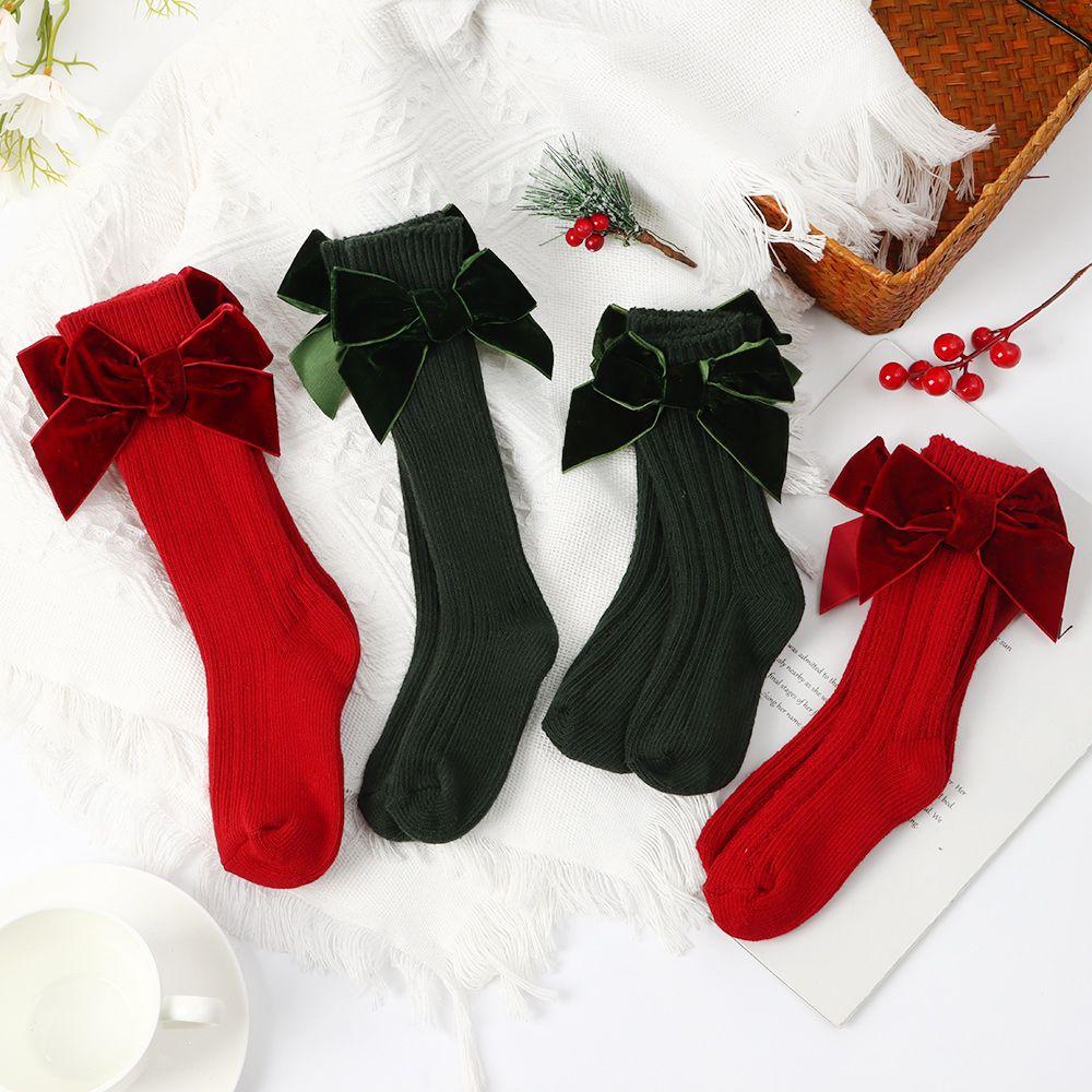 

Детские однотонные шерстяные хлопковые длинные носки с большим бантом, рождественские носки, детские гольфы, гетры