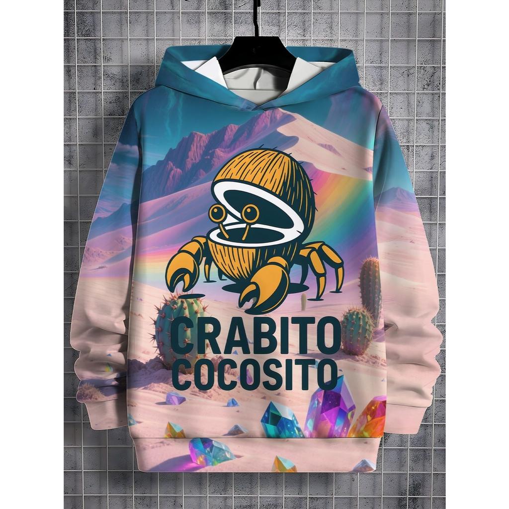 Boy's Crab and Coconut Pattern Hoodie - Long Sleeve Hoodie, Daily and Beach Travel, Bright Print, Soft Material, Children's Fashion
