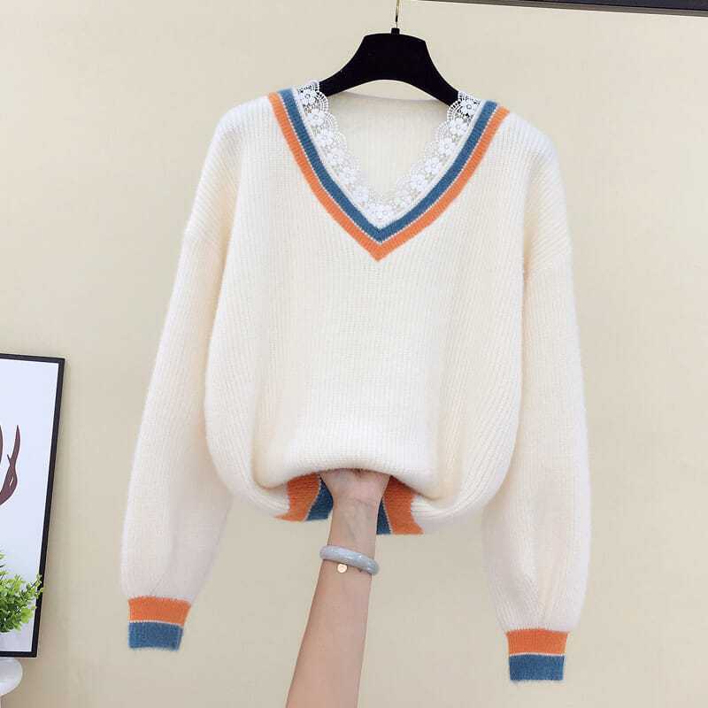 Sweater Women's Lace V-neck Pullover Winter Loose and Versatile Short Knitted Sweater Top