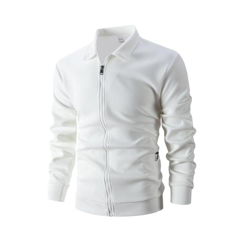 Men Waffle Texture Zipper Pocket Turn Down Collar Slim Fit Jacket Pants Set
