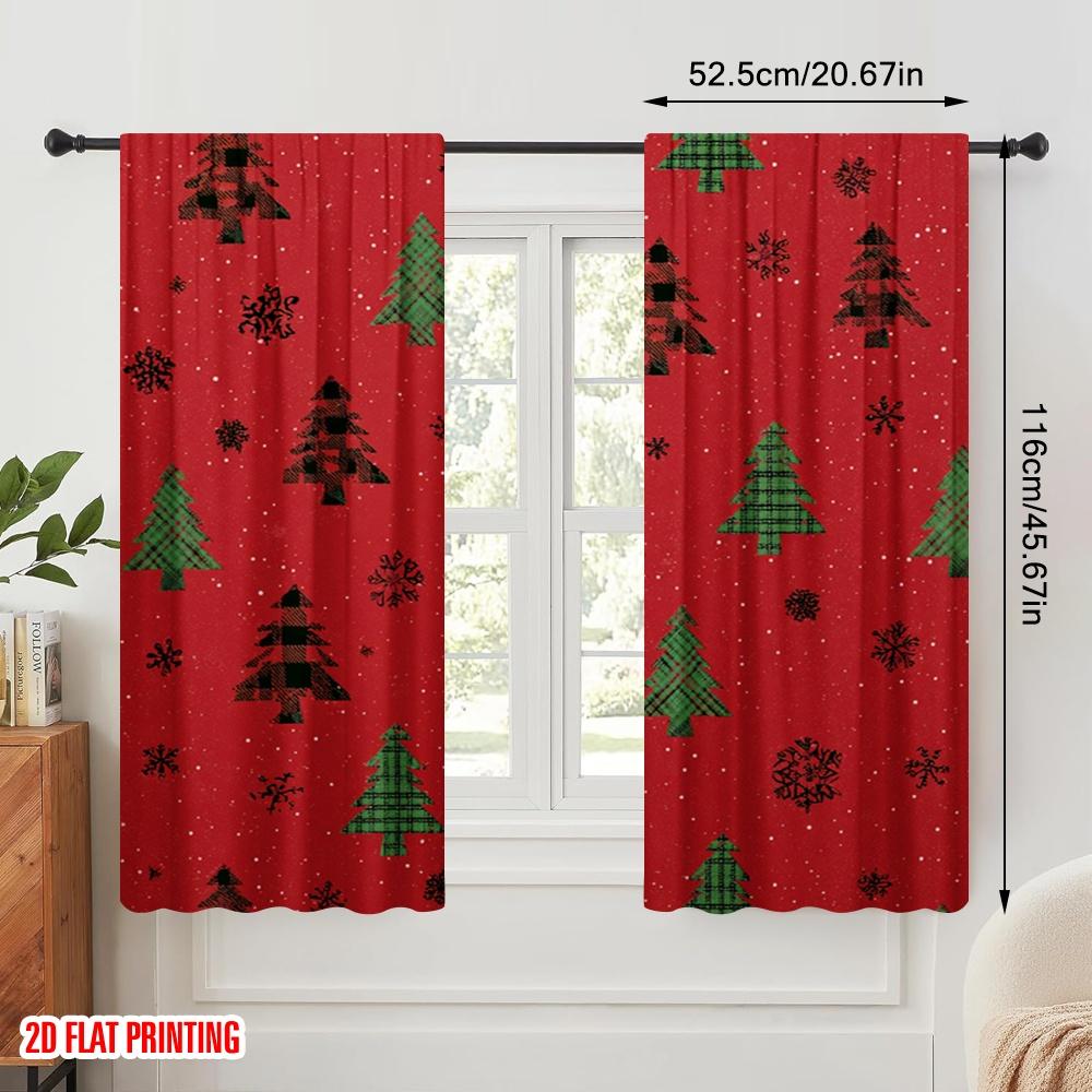 2pcs,2D Plane Printing Popular Curtain Panels Christmas Tree Snowflake Red Versatile Fabric (without Rod) Gifts for Bedroom,