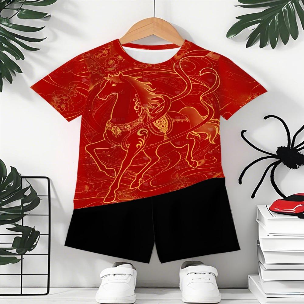 Boys two-piece 2026 Year of the Horse set - Flame Horse printed short sleeved T-shirt and shorts 5-6Y