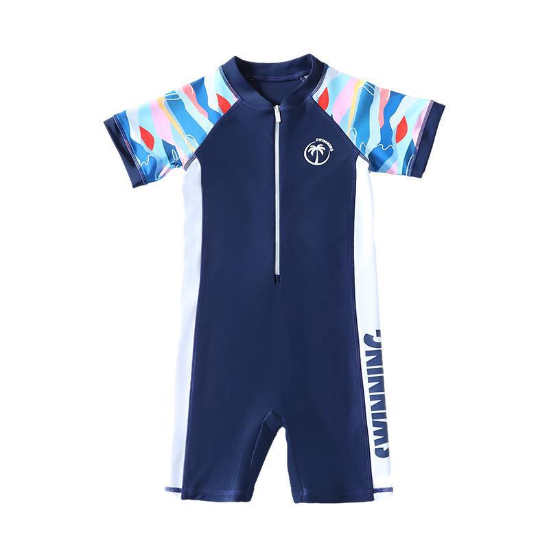 Korean Style Boys' One-Piece Swimsuit with Sun Protection - Quick Dry, Print Design for Kids (S, M, L)