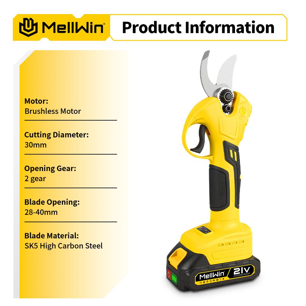 MELLWIN 30mm Brushless Electric Pruning Shears Cordless Fruit Tree Branches Cutter Garden Scissors For Makita 18V Battery Pin