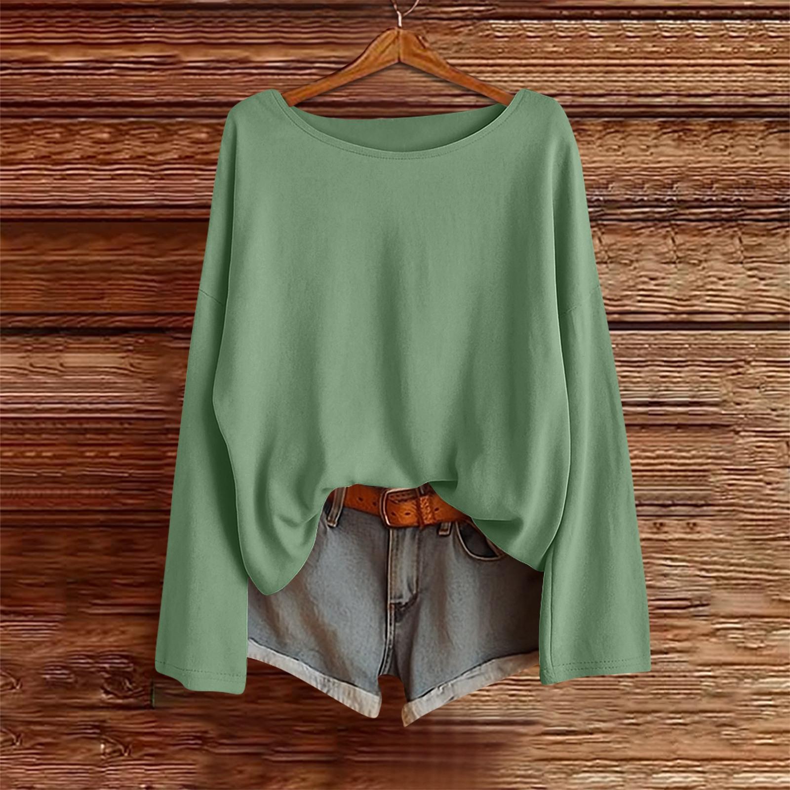 

Long Sleeve Shirts For Women Solid Color Tees Blouses Casual Plus Size Basic Tops Pullover M зелёный