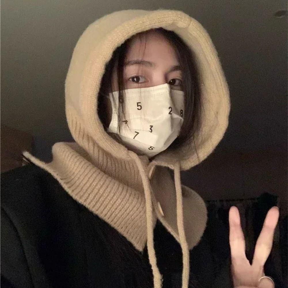 Drawstring Knitted Beanie Cap Thicken Snood Collar Hood Soft Scarf Balaclava Hats  Outdoor