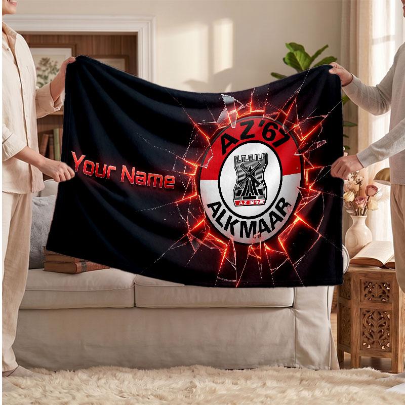 AZ Alkmaar Personalized Fleece Blanket With Football Logo, Custom Name Text Soft Warm Home Throw Blanket