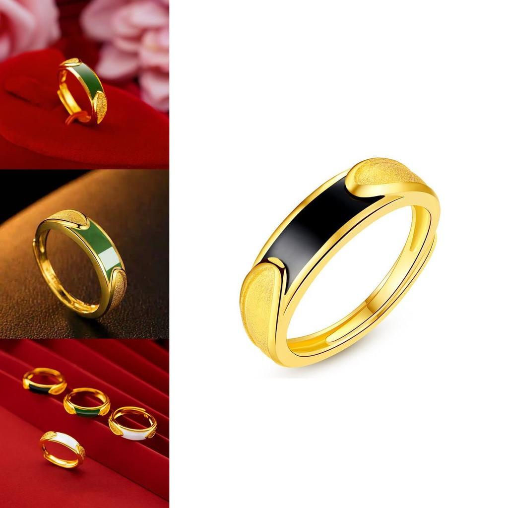Stunning Copper Gold Plated Couple Rings With Unique Geometric Style And Gorgeous Black Green Gemstone Finish