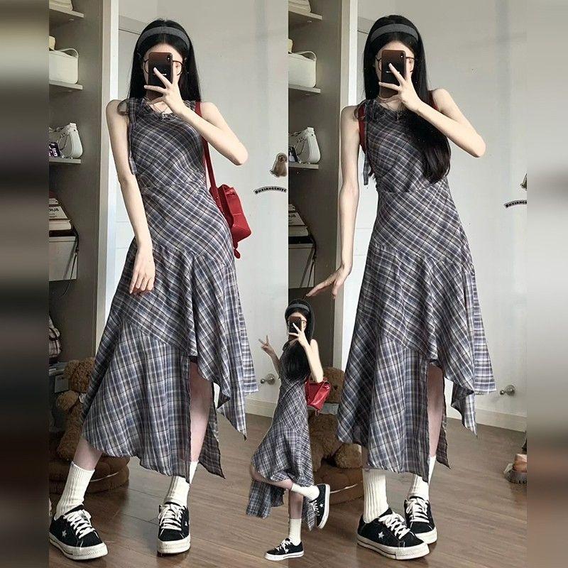 Retro Plaid Dress Women's Summer Temperament Waist Vest Skirt Design Sense Niche Irregular A-shaped Skirt Long Skirt