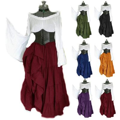 Renaissance Classic Women Vintage Retro Vogue Flare Sleeve Pirate Gypsy Dress Chemise Corset Outfit Waist Steampunk Costume Medieval Court Style