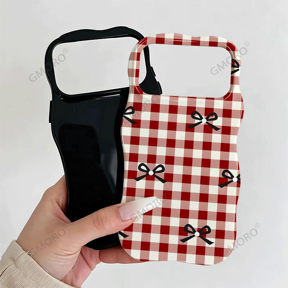 Hot-selling red plaid bow for Apple 16pm wave mobile phone case 17 double-layer film protective case