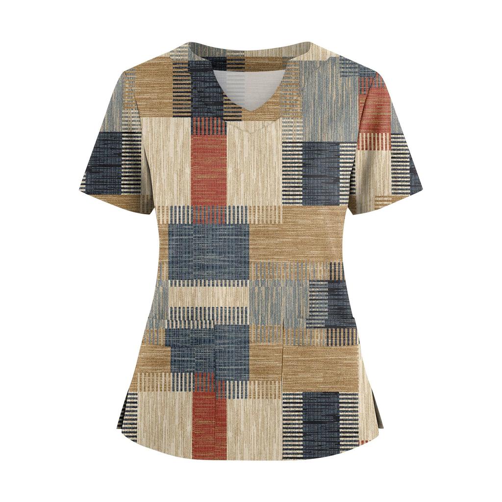 Women's Loose Short Sleeved Fashionable Square Printing V-neck Buttonable Side Slit Top T-shirt