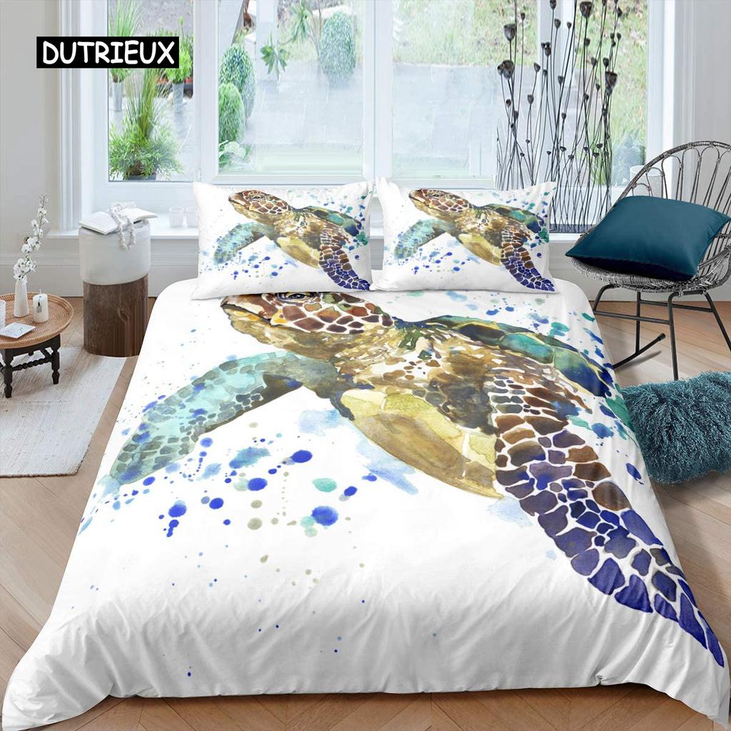 Sea Turtle Duvet Cover Sea Turtle Jellyfish Coral Reef Bedding Set Microfiber Blue Ocean Underwater World Queen King Quilt Cover