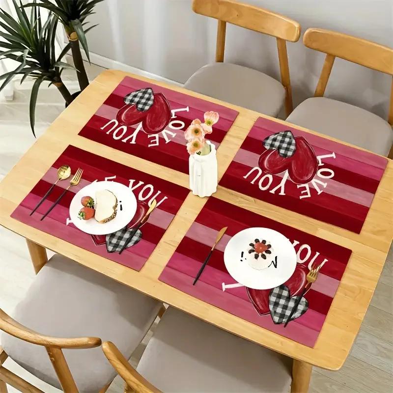 4pc Valentine's Day Placemat Pink Heart-shaped Dining Table Tea Table Decoration Anti Fouling and Heat-insulating Tablecloth