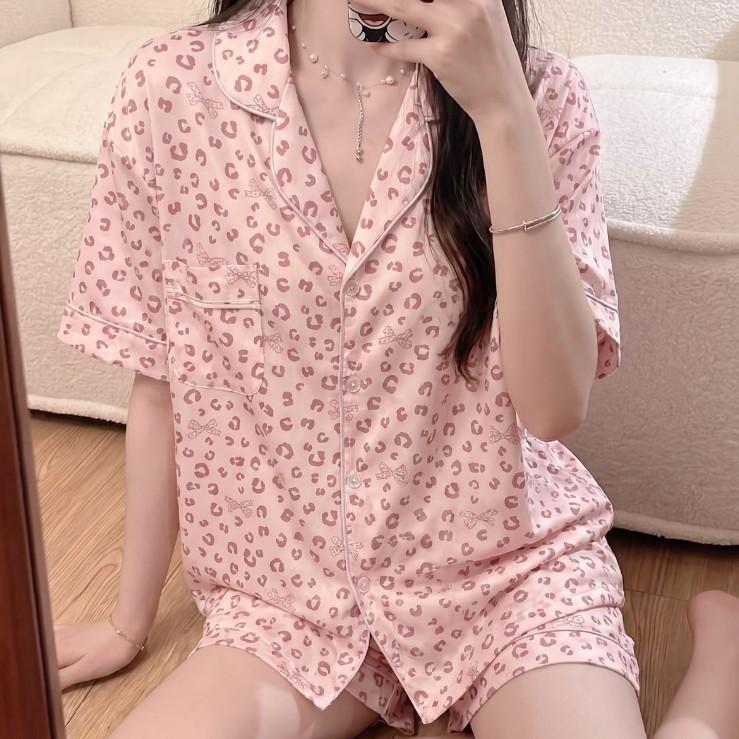 Sweet leopard print ice silk pajamas set women's summer short-sleeved shorts thin girly loungewear can be worn outside