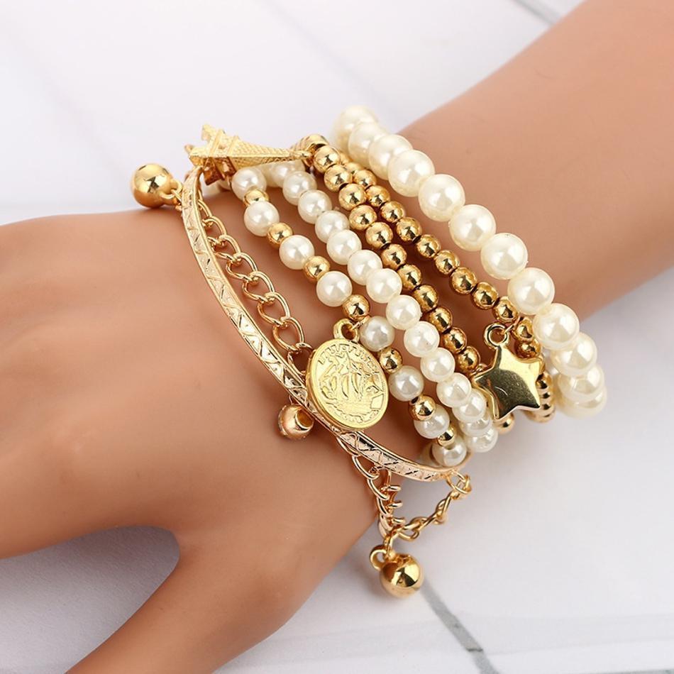 6 Pcs New Fashion Imitation Pearl Retro Bracelet Coin Six-piece Jewelry Multi-layer Elastic Fashion Bracelet
