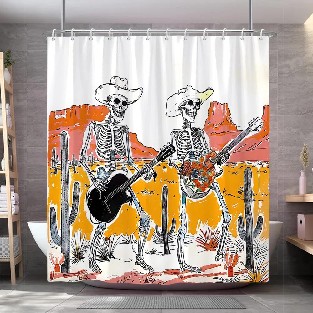 Vintage Western Schädel Gitarre Duschvorhang Lustiger Skelett Cowboy Howdy Gotisch Wilde Natur Wüste Duschvorhang Badezimmer Dekor
