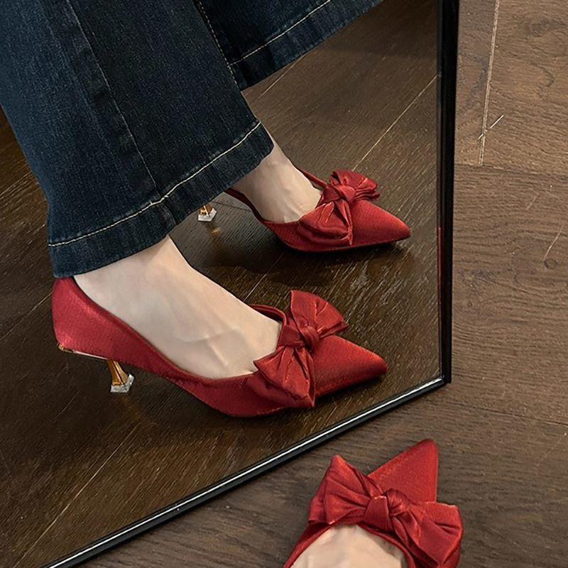  bridesmaid shoes temperament show high bow elegant pointed versatile side empty high heels small man