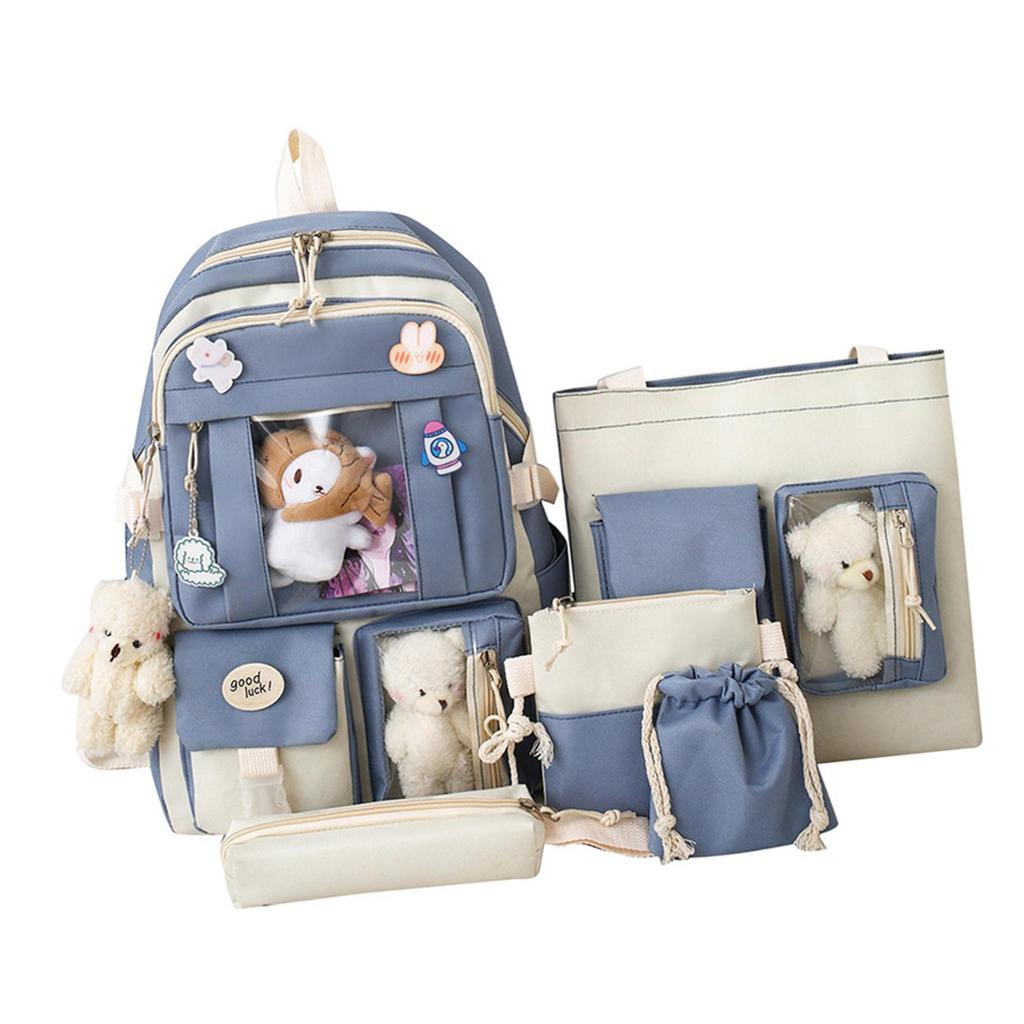 5 Pieces Cartoon Women Backpacks Schoolbag Travel Bag Durable Daypack Teenager Adjustable Shoulder Straps Multi Pocket Student