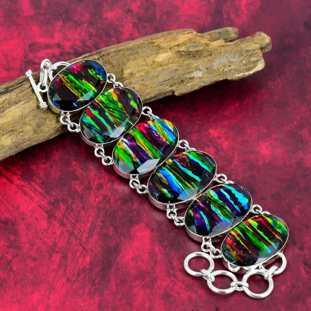 Ammolite Gemstone Jewelry, 925 Solid Sterling Silver Necklace & Bracelet Jewelry Set For Her, Amazing Handmade Gorgeous Set Jewelry
