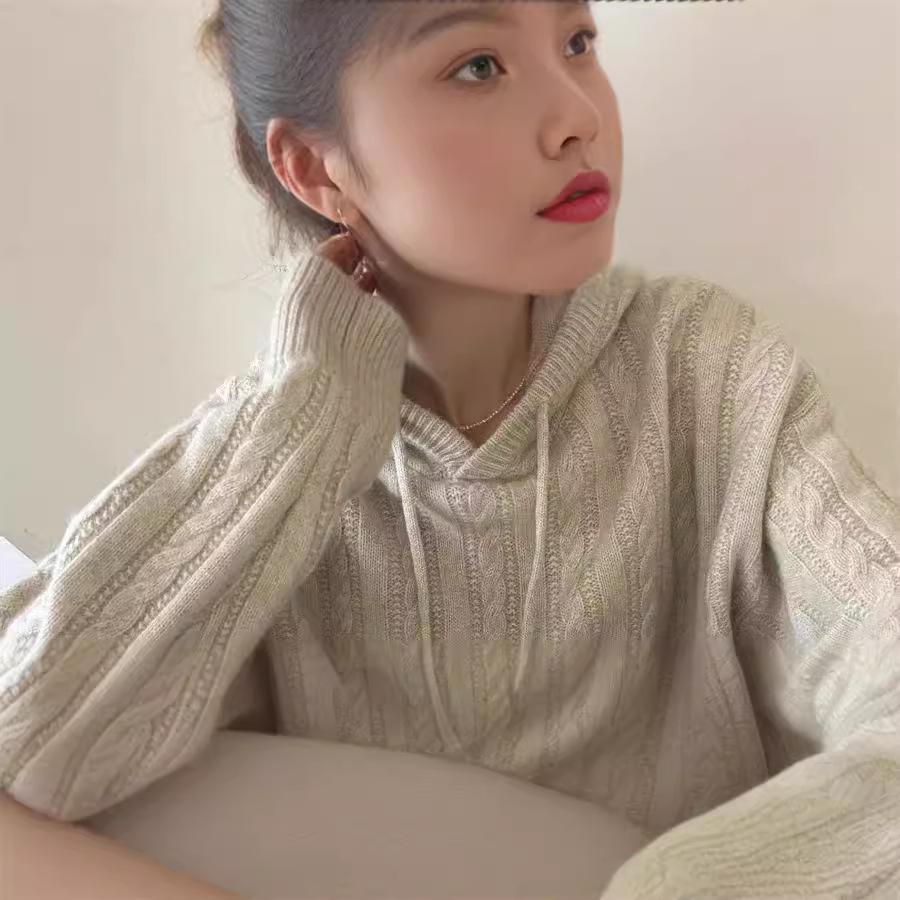 Women's Hooded Pure Wool Cable Knit Sweater - Loose Slimming Fit, Solid Color, Ideal for Autumn/Winter
