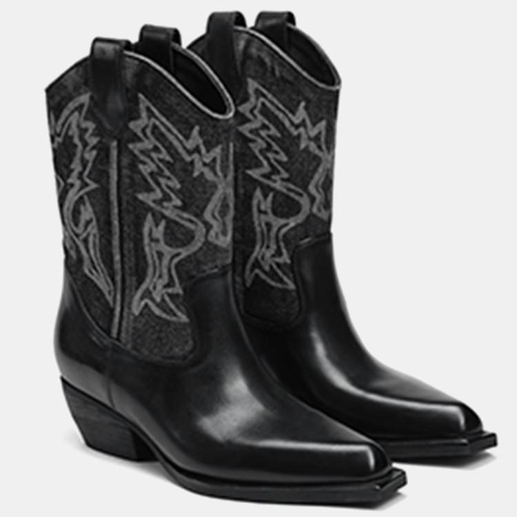 Rindsleder~ Western Kurzstiefel Damen Gewaschen Grober Absatz Cowboy Stiefel Designgefühl High Heel Stiefeletten Sommer Bedruckte Mode Stiefel