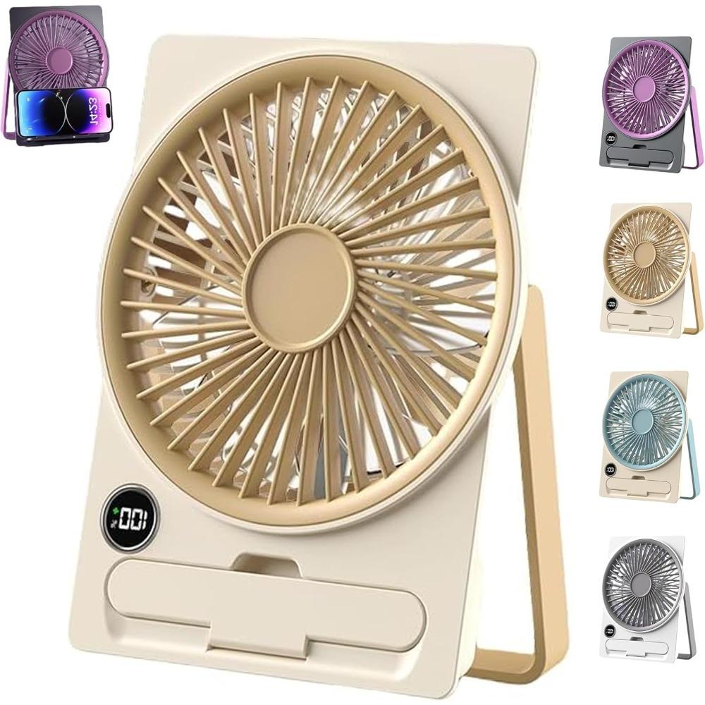 Ultra-thin mini USB rechargeable card fan, with phone stand and LCD display USB rechargeable mini desktop fan, 6-speed strong wind