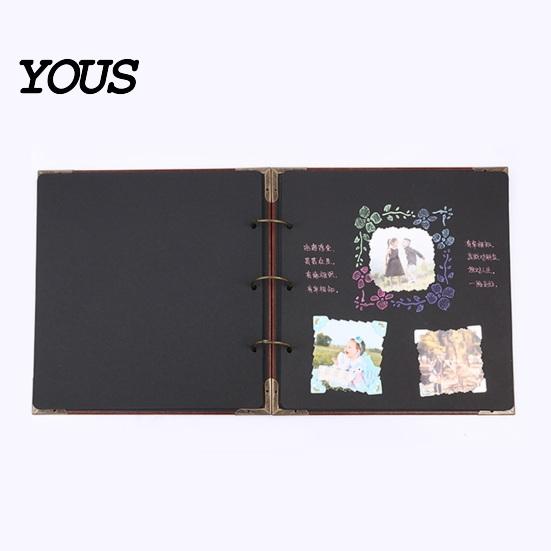 Tree of Life Embossed Cover DIY Scrapbook Album, Faux Leather Black Card Photo Album with Metal Corner Guard Ring Binding, Memory Book for Journaling,