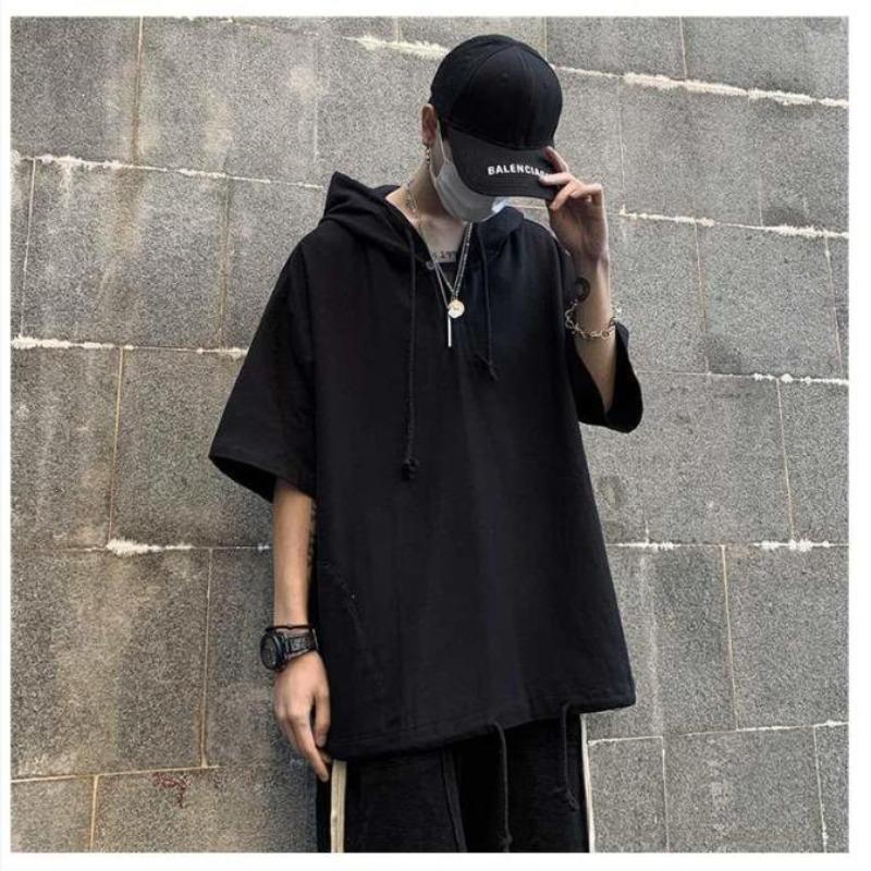 Camiseta de manga corta de verano para hombre, suéter con capucha de media manga, sudadera con capucha sólida para estudiantes para hombre