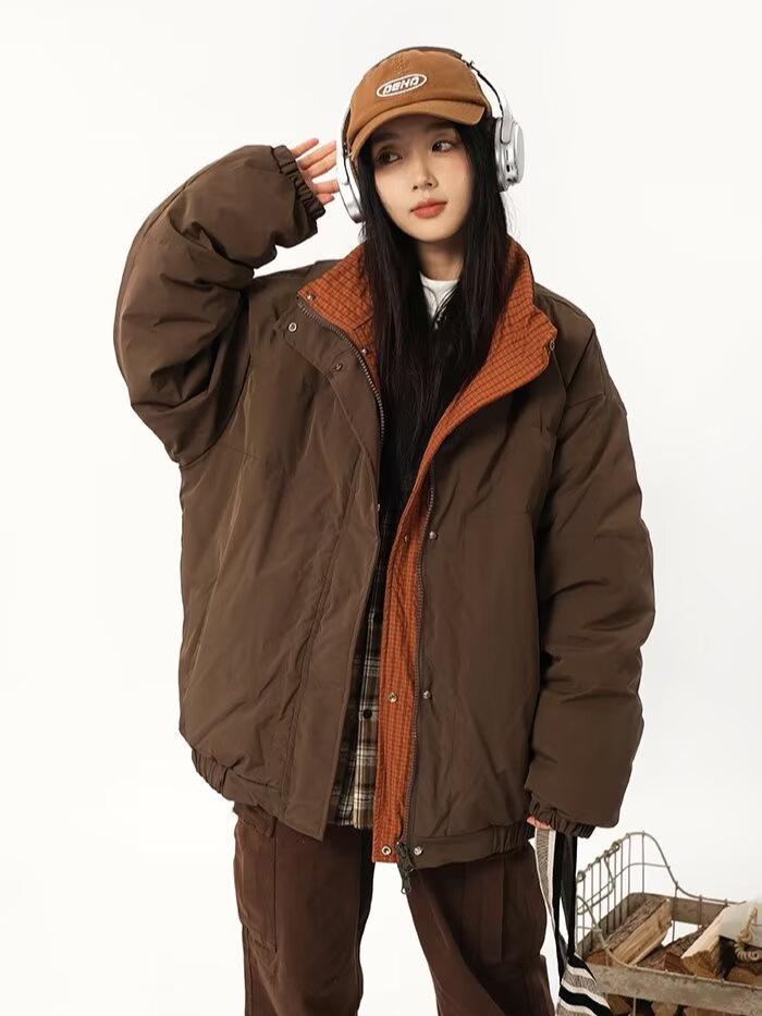 Unisex Japanese Retro Reversible Padded Stand Collar Cotton Jacket, Winter Warm, Mallard Green, Loose Fit Workwear Coat.