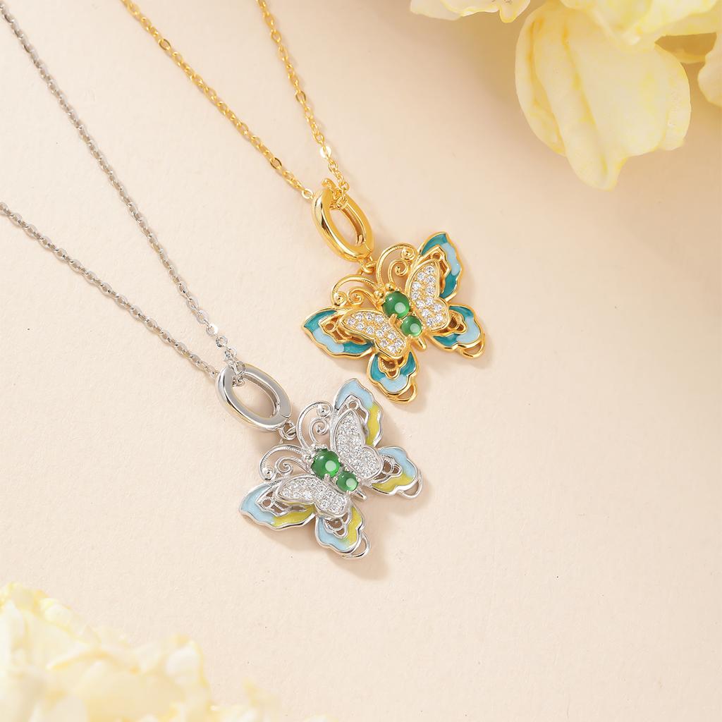 S925 Sterling Silver Necklace Natural Jade Butterfly Pendant Design Clavicle Chain Accessories Women's Short URL Short Daily Jewelry Gift