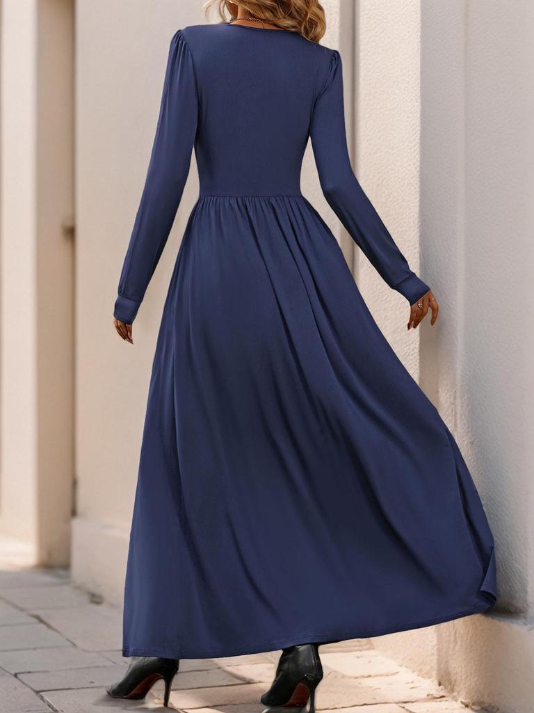 European & American Style Pleated Long Dress with Lace Slit for Spring