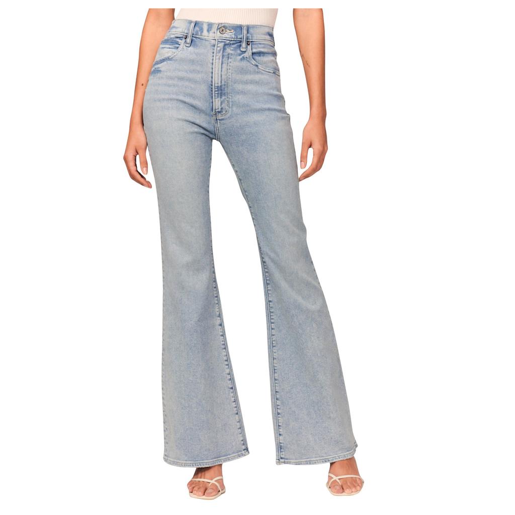 Women's Button Stretch Flare Jeans Pull On Jeans Denim Pants Regular Fit Jean