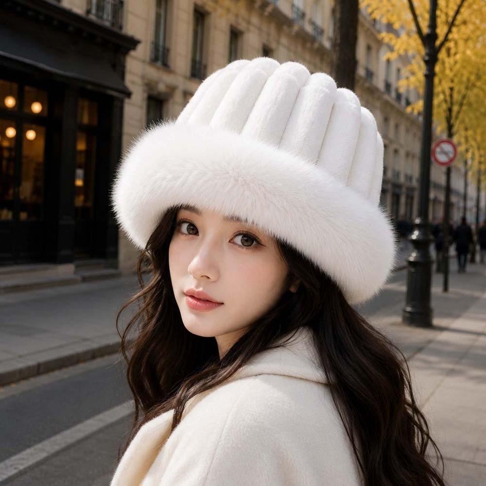Faux Fur Brim Puffy Bucket Cap Vertical Texture Plush Trapper Hats Fluffy Winter Bonnet Students