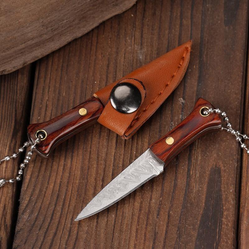 Wooden Handle Mini Knife with Leather Cover Multitool Hand Tools Express Cutter Keychain Pocket Knife Gift for Men Women