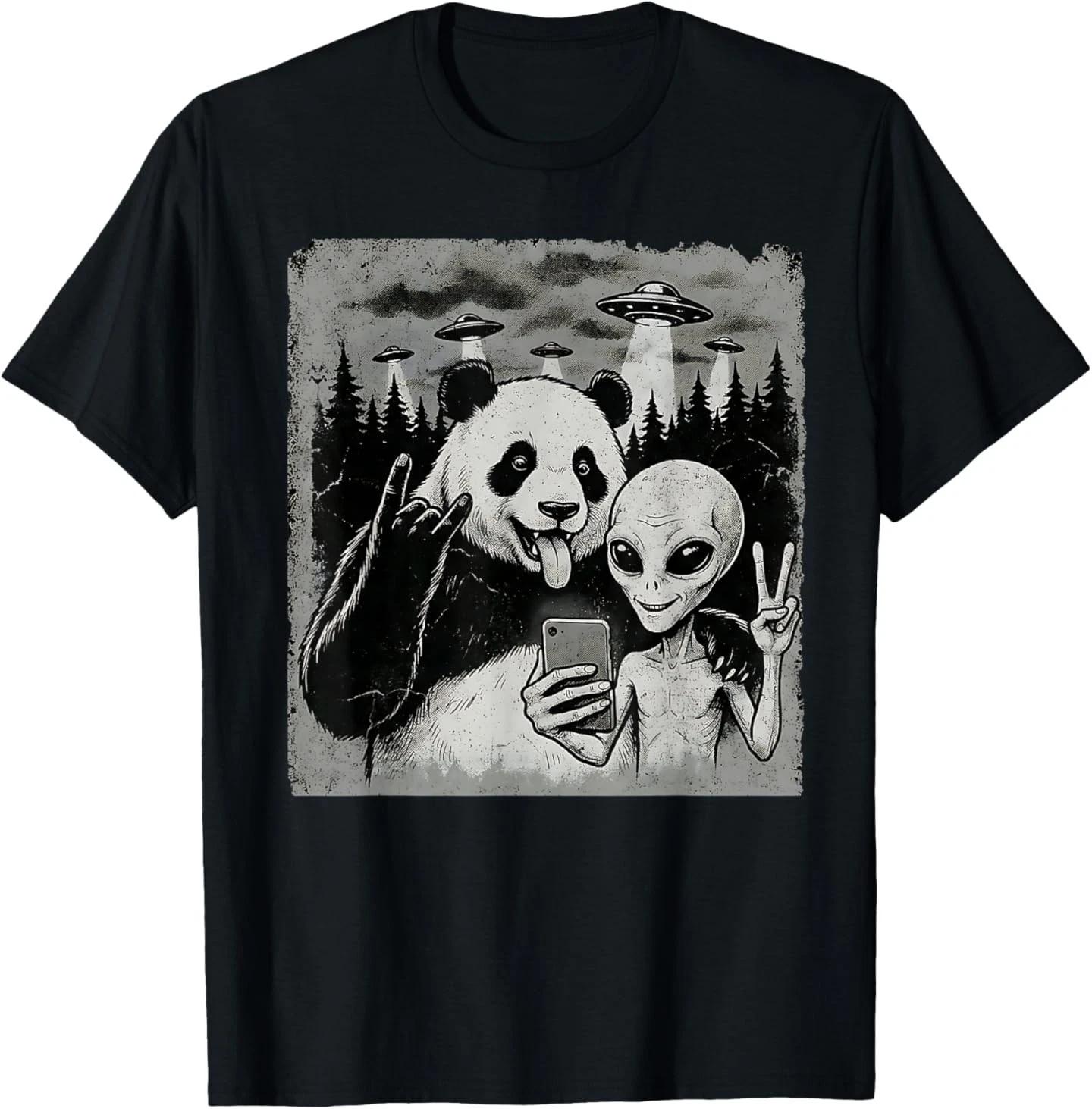 Funny Panda and Alien Rock On Hand Sign UFO Selfie T-Shirt 4XL