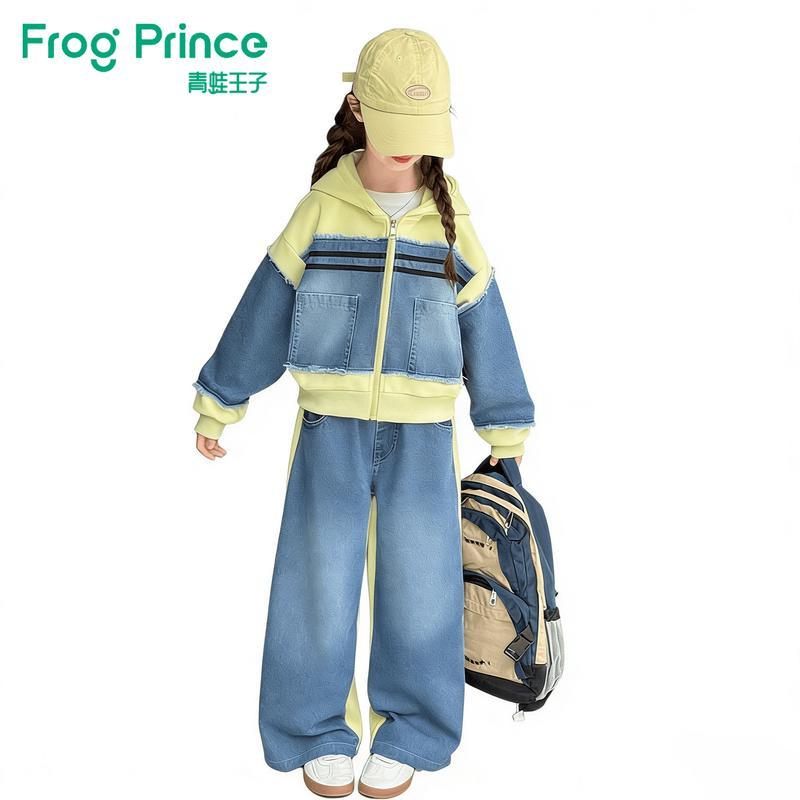 Girls  Denim Patchwork Hooded Sweatshirt & Wide-Leg Pants Set 160
