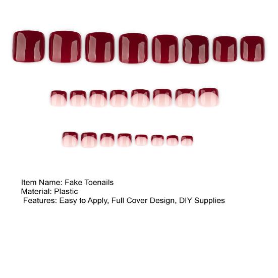 24Pcs Wine Red French Tip Press On Toenails Short Square Stick-On Fake Nails Reusable Removable Glue On False Toe Nails