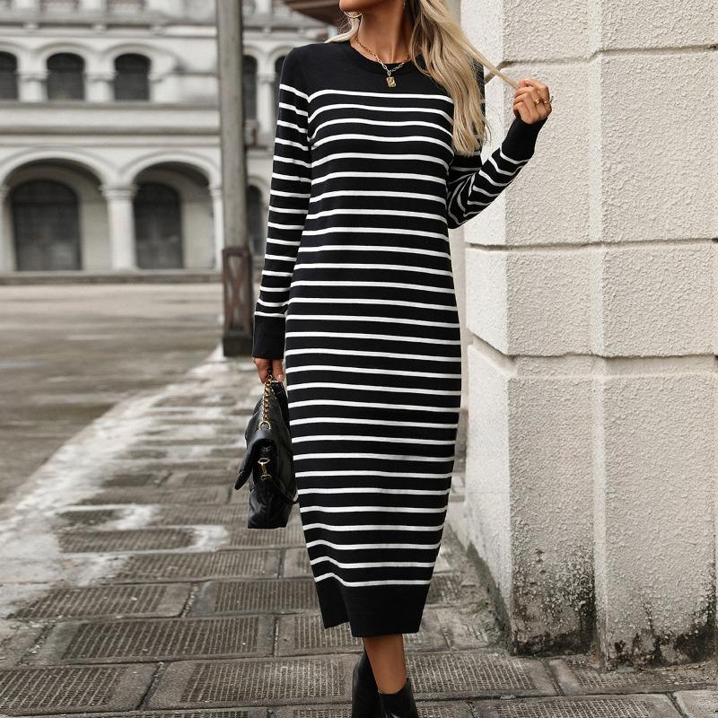 Slim Fit Women's Sweater Striped Long Skirt Dress