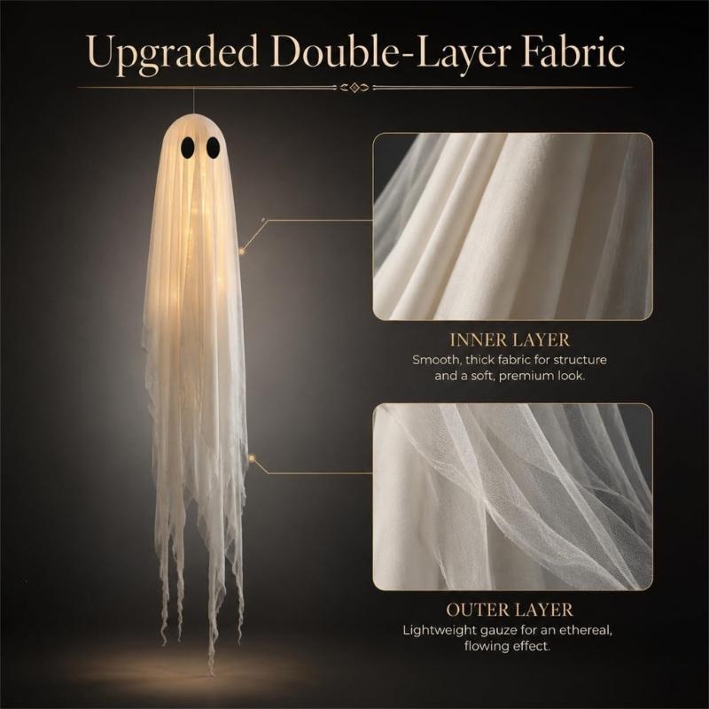 Halloween Hanging Figures Set of 3 with Lighted Design, White Gauze Porch Accent for Entryway Tree Area and Party Home Styling Theme