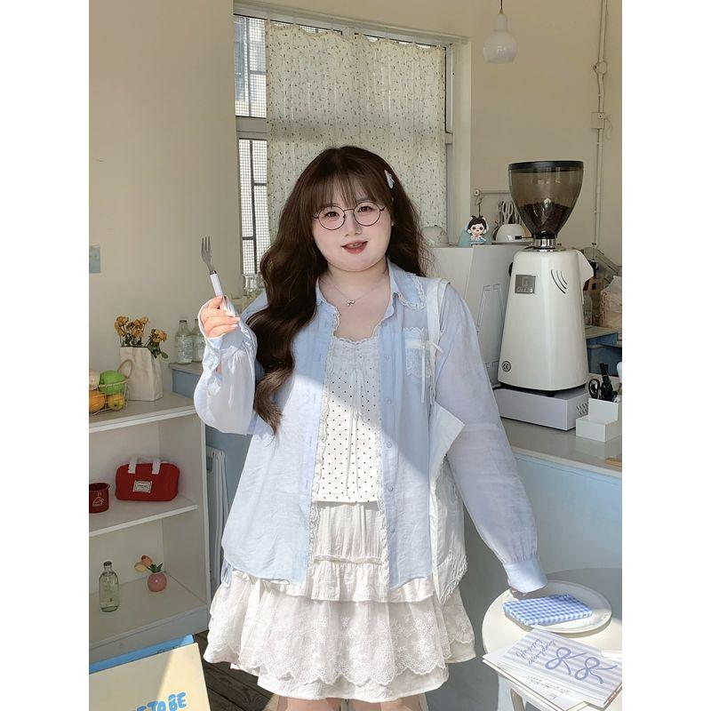 Plus-Size Women's Clothing: Stylish Lace Bow Shirt and Halter Neck Printed Strap Cake Dress Set
