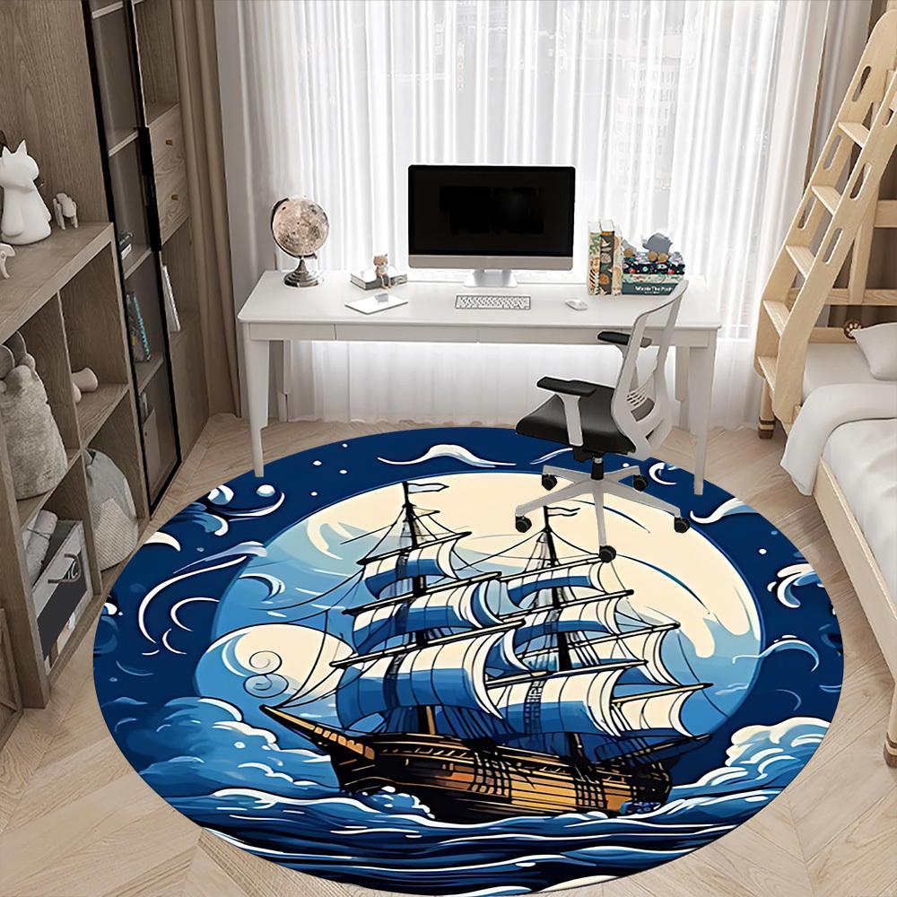 1pc Sailboat Ocean Office Round Area Rug, Under Office Chairs Bedroom Living Room Home Decor, Room Deco, Available In Various Sizes